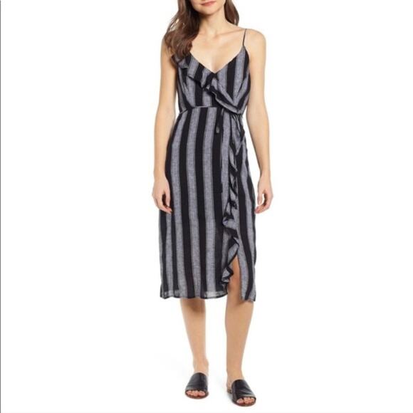 Rails Dress Ariel Stripe Faux Wrap Stripe Ruffle Gray Black Sleeveless Large NWT - Picture 1 of 5